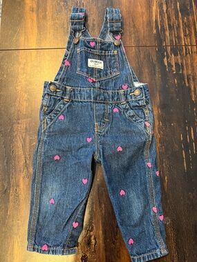 OshKosh B'gosh Baby Girls Dark Denim Overalls with Pink Hearts